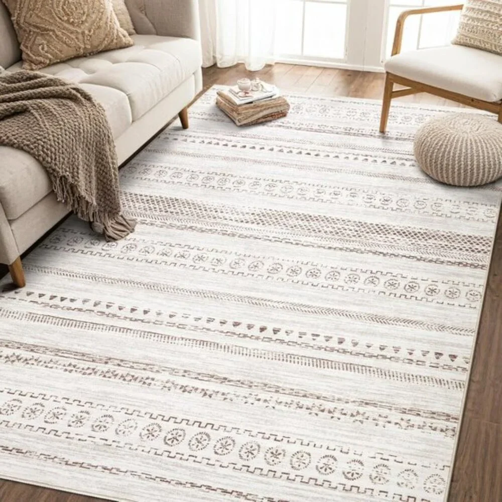 New 5x7 Brown Area Rug, Washable, Non-Slip Moroccan Geometric Carpet for Room